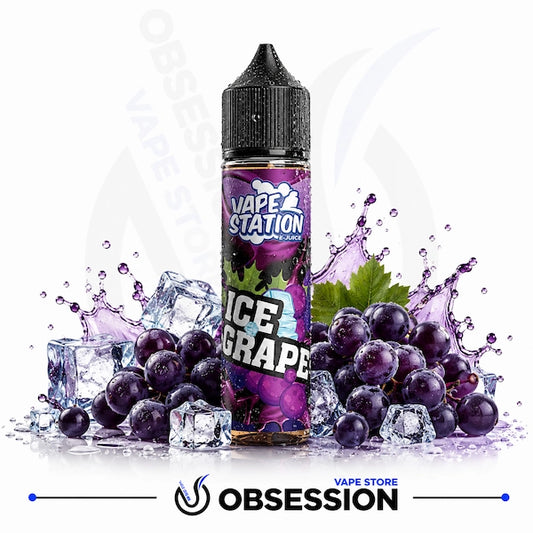 A bottle of Grape Station Ice Grape e-liquid by Obsession Vape Store, styled with fresh purple grapes, ice cubes, and purple liquid splashes on a white background.