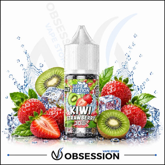 Vape Station Kiwi Strawberry Ice Salt 30ml.webp shows a Vape Station Kiwi Strawberry Super Ice SaltNic vape juice bottle with a clear, droplet-covered cap. The bottle is positioned centrally in a vibrant and high-contrast arrangement of fresh fruit and cooling elements