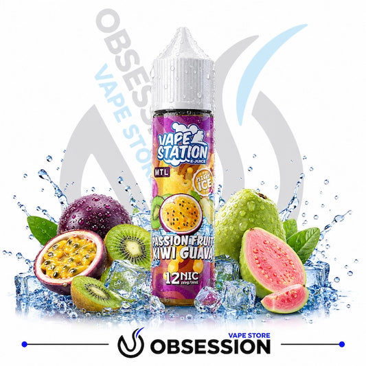A bottle of VAPE STATION MTL Passion Fruit & Kiwi Guava e-liquid centered on a white background, surrounded by fresh fruit slices, a whole guava, kiwi, and water splash graphics. Large 'OBSES VAPE STORE' branding appears behind the bottle, with smaller 'OBSESSION VAPE STORE' text at the bottom.