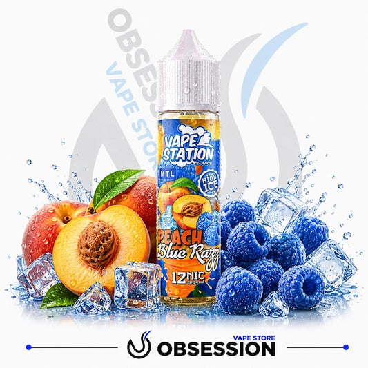 A bottle of Peach Blue Raspberry e-liquid by Vape Station is centered against a white background, surrounded by fresh peach halves, blue raspberries, and ice cubes with water splashes. The bottle label shows the Vape Station brand and flavor details, and an Obsession Vape Store logo appears at the bottom.