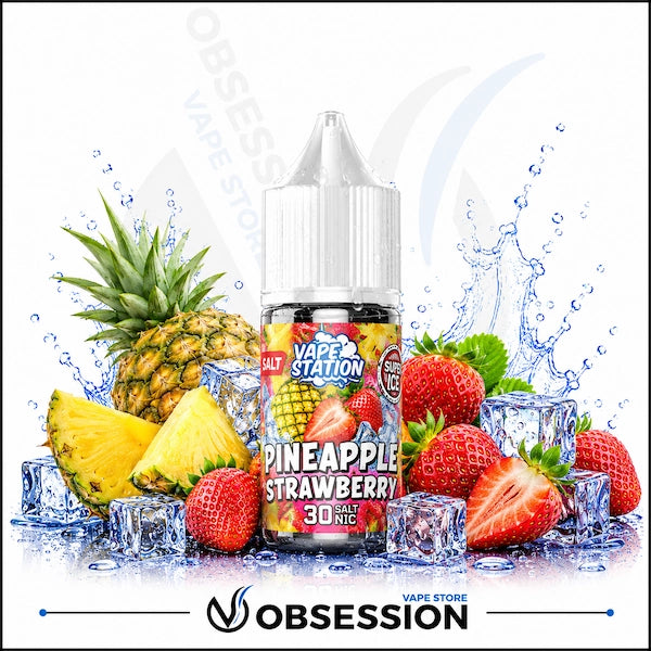 Vape Station Pineapple Strawberry Ice Salt 30ml.webp shows a Vape Station Pineapple Strawberry Super Ice SaltNic vape juice bottle with a clear, droplet-covered cap. The bottle is positioned centrally in a vibrant and high-contrast arrangement of fresh tropical and orchard flavors