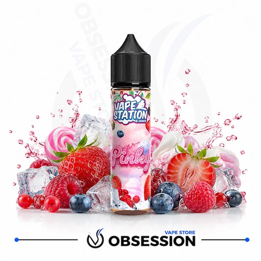 A bottle of Vape Station Pink bubblegum e-liquid by Obsession, surrounded by fresh strawberries, blueberries, lollipops, and ice cubes on a white background with a brand logo at the bottom.