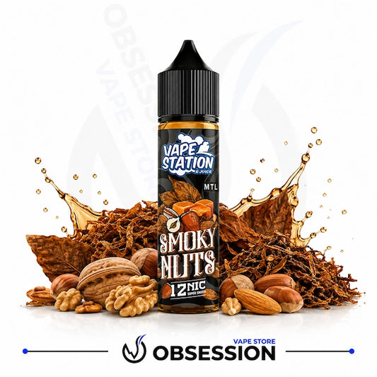 A bottle of Vape Station Smoky Nuts e-liquid centered on a white background, surrounded by illustrated and photographic peanuts, walnuts, tobacco leaves, and a brown liquid splash. The bottle label shows the Vape Station brand and 'Smoky Nuts 12nic'.