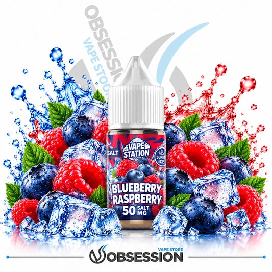 A bottle of Obsession Vape Station Blueberry Raspberry 50mg salt oil centered against a white background, surrounded by blueberries, raspberries, ice cubes, mint leaves, and red and blue liquid splashes. The Obsession Vape Store logo is visible at the bottom.