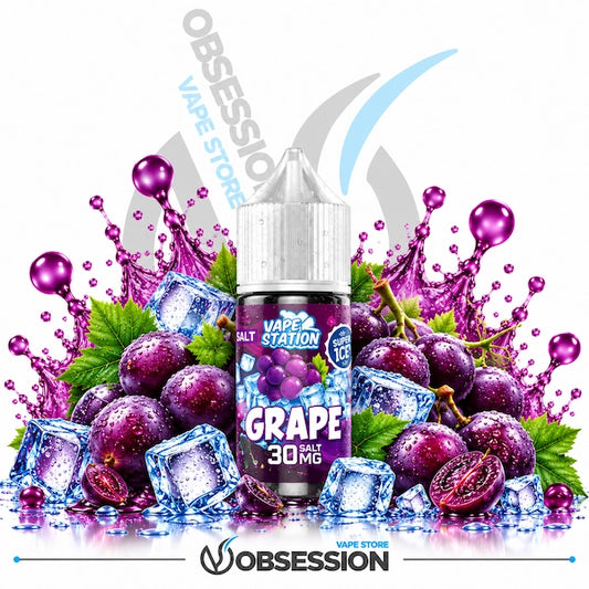 A 30ml bottle of Vape Station Super Ice Grape salt nicotine e-liquid (30mg) with a transparent droplet-covered dropper cap, centered among clusters of plump dark purple grapes, sliced grape halves, green leaves, and crystal-clear ice cubes, framed by dynamic purple liquid splashes over a reflective surface on a white background, featuring a subtle background watermark and the "OBSESSION VAPE STORE" logo along the bottom border.   