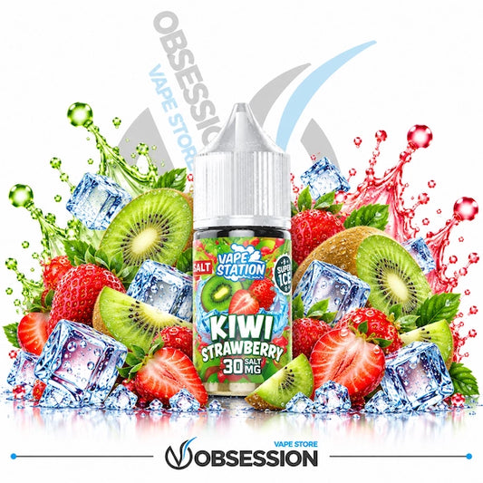 A 30ml bottle of Vape Station Super Ice Kiwi Strawberry salt nicotine e-liquid (30mg) with a transparent droplet-covered dropper cap, centered among vibrant whole and sliced kiwi fruits, fresh whole and sliced strawberries, green leaves, and crystal-clear ice cubes, framed by dynamic green kiwi and red strawberry juice splashes over a reflective surface on a white background, featuring a subtle background watermark and the "OBSESSION VAPE STORE" logo along the bottom border.