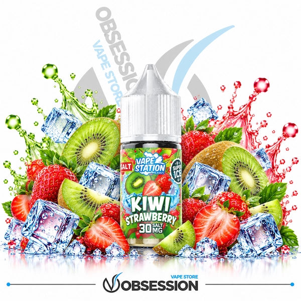 A 30ml bottle of Vape Station Super Ice Kiwi Strawberry salt nicotine e-liquid (30mg) with a transparent droplet-covered dropper cap, centered among vibrant whole and sliced kiwi fruits, fresh whole and sliced strawberries, green leaves, and crystal-clear ice cubes, framed by dynamic green kiwi and red strawberry juice splashes over a reflective surface on a white background, featuring a subtle background watermark and the "OBSESSION VAPE STORE" logo along the bottom border.