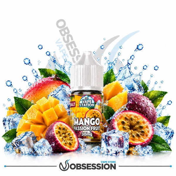 A bottle of Obsession by Avape Station Mango Passion Fruit e-liquid centered against a white background, surrounded by fresh fruit, ice cubes, and water splashes. The bottle label clearly shows the brand Avape Station and the flavor name Mango Passion Fruit 30mg.