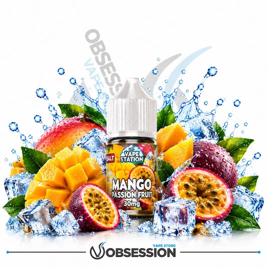 A bottle of Obsession by Avape Station Mango Passion Fruit e-liquid centered against a white background, surrounded by fresh fruit, ice cubes, and water splashes. The bottle label clearly shows the brand Avape Station and the flavor name Mango Passion Fruit 30mg.