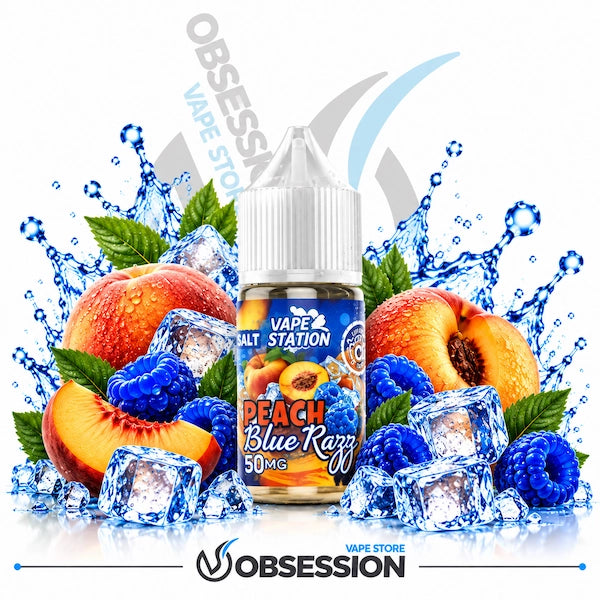 A 30ml bottle of Vape Station Super Ice Peach Blue Razz salt nicotine e-liquid (50mg) with a transparent droplet-covered dropper cap, centered among ripe whole peaches, a sliced peach wedge, vibrant blue raspberries, green leaves, and crystal-clear ice cubes with dynamic water splashes over a reflective surface on a white background, featuring a subtle background watermark and the "OBSESSION VAPE STORE" logo along the bottom border.