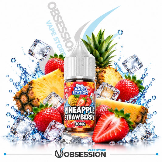 A bottle of Salt Vape Station Pineapple Strawberry e-liquid centered against a white background, surrounded by fresh pineapple slices, strawberries, ice cubes, and water splashes. The bottle label clearly shows the brand 'Salt Vape Station' and the flavor 'Pineapple Strawberry 30MG'.
