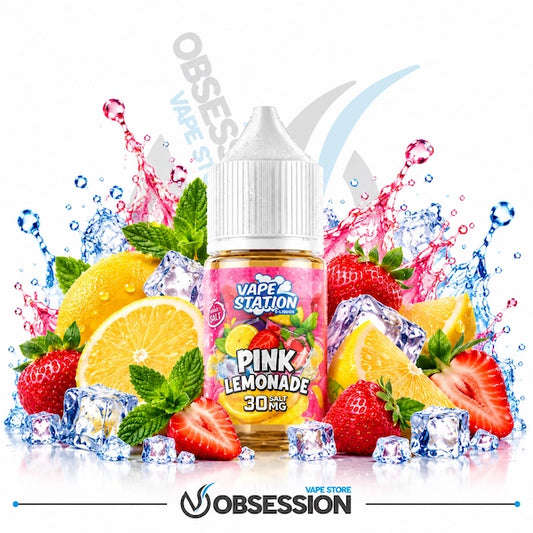 A 30ml bottle of Vape Station Super Ice Pink Lemonade salt nicotine e-liquid (30mg) with a white ribbed dropper cap, centered among vibrant whole and sliced yellow lemons, fresh ripe strawberries, sliced strawberry halves, fresh mint sprigs, and crystal-clear ice cubes, framed by dynamic pink and blue water splashes over a reflective surface on a white background, featuring a subtle background watermark and the "OBSESSION VAPE STORE" logo along the bottom border.