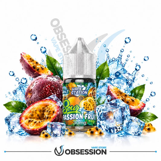 A bottle of Obsession Vape Station Sour Passion Fruit e-liquid (30mg) is centered, surrounded by fresh passion fruit slices, green leaves, ice cubes, and water splashes on a white background.