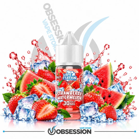 A bottle of Obsession Salt Station Strawberry Watermelon e-liquid (30mg) surrounded by fresh strawberries, watermelon slices, ice cubes, and red liquid splashes on a white background.