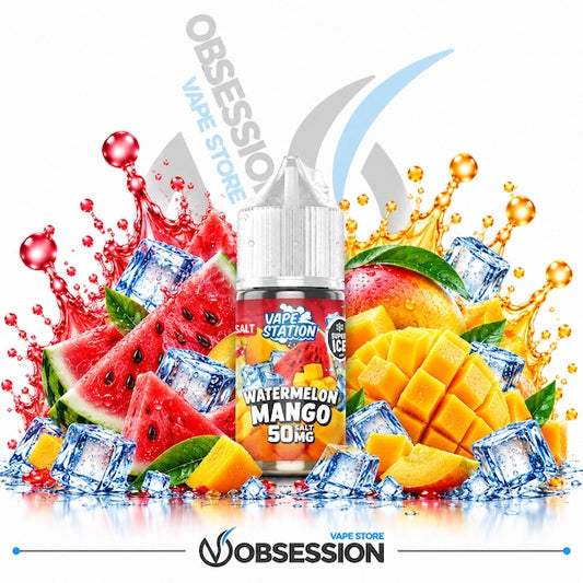 A bottle of Salt Vape Station Watermelon Mango 50mg e-liquid centered on a white background, surrounded by graphic watermelon slices, mango pieces, ice cubes, and orange juice splashes. Large 'OBSESSION VAPE STORE' branding appears behind and below the bottle.