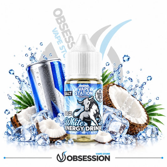 A bottle of Obsession Vape Station 'White Energy Drink' e-liquid is shown with a blue can, ice cubes, water splashes, and sliced coconuts on a white background. The Obsession Vape Store logo is visible at the bottom.