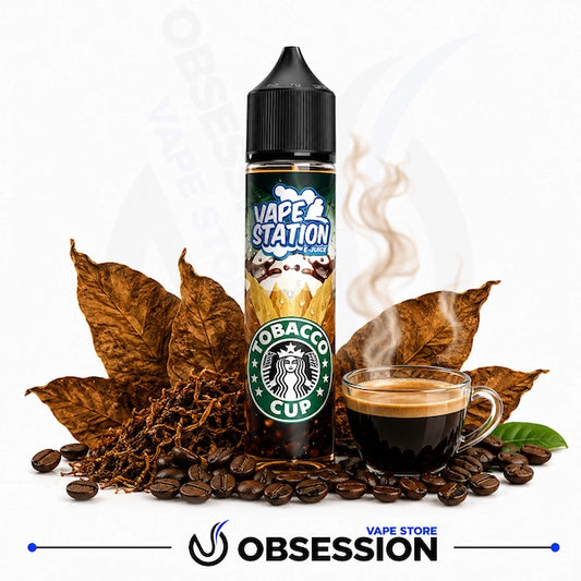 A bottle of Vape Station Tobacco Cup e-liquid is shown on a white background, surrounded by coffee beans, dried tobacco leaves, and a steaming cup of black coffee. The Obsession brand logo is visible at the bottom.