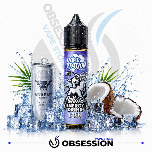 A bottle of VAPE STATION White Energy Drink 110ml e-liquid and a silver can of MTL Energy Drink White Licorice Filling, styled with ice cubes, water splashes, and coconuts on a white background with Obsession Vape Store branding.