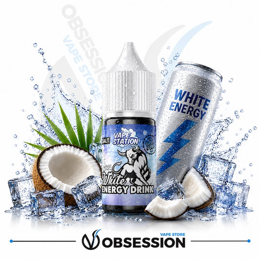 Vape Station White Energy Drink Super Ice Salt 30ml.webp shows a Vape Station White Energy Drink Super Ice SaltNic vape juice bottle with a clear, droplet-covered cap. The bottle features a label with a charging bull illustration and sits centrally in an energetic arrangement of flavor and cooling elements