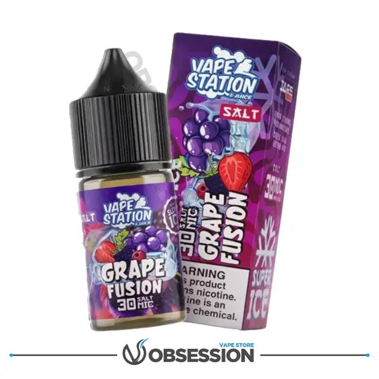 Vape Station Grape Fusion salt Nicotine product with packaging on a white background