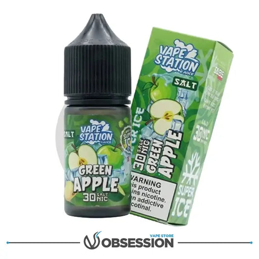 Vape Station Green Apple vape juice bottle and packaging on a white background
