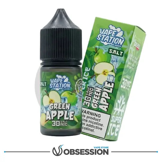 Vape Station Green Apple vape juice bottle and packaging on a white background