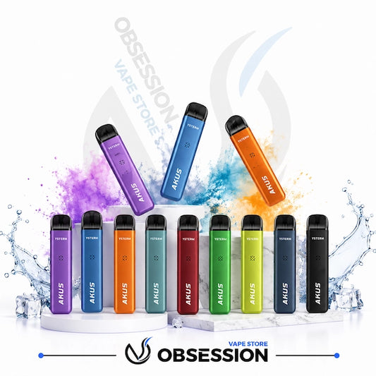 A set of Obsession Anus disposable vape devices in multiple colors, including purple, blue, orange, teal, red, green, yellow-green, and black, displayed on a white pedestal with colorful powder splashes and water effects.