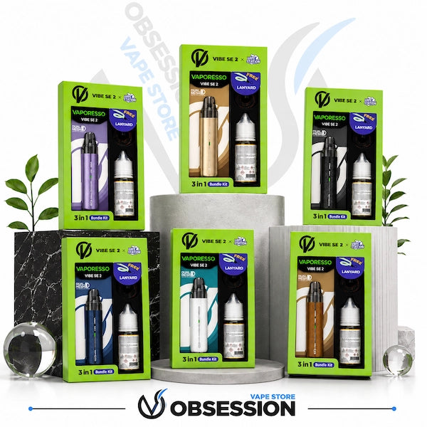 Six boxed vape products arranged on display pedestals against a white studio background. The packaging is predominantly bright lime green and shows different vape device color options including purple, gold, black, blue, white, and brown.