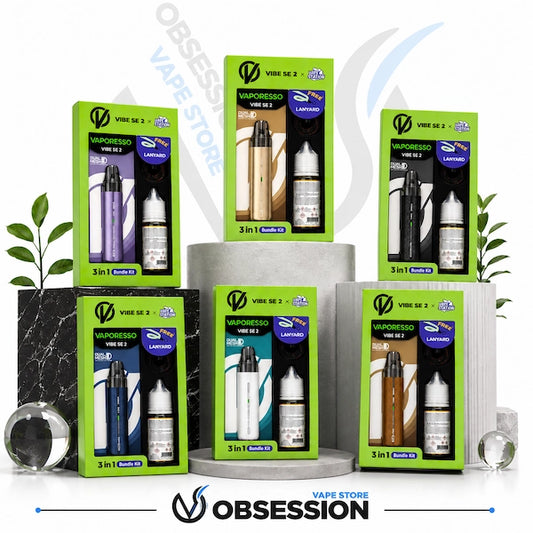 Six boxed vape products arranged on display pedestals against a white studio background. The packaging is predominantly bright lime green and shows different vape device color options including purple, gold, black, blue, white, and brown.