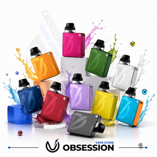 Multiple Obsession vape devices in assorted colors including pink, green, blue, red, yellow, purple, orange, and gray, arranged dynamically with colorful paint splashes on a white background. The Obsession brand logo and 'VAPE STORE' text are visible at the bottom.