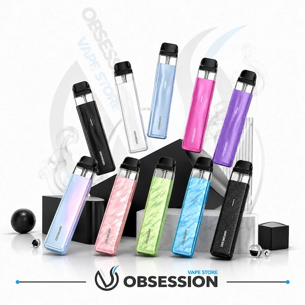 Nine disposable vape devices in various colors (black, white, light blue, pink, purple, green, and iridescent blue/pink) are arranged on black display blocks against a white background with the Obsession vape store logo at the bottom.