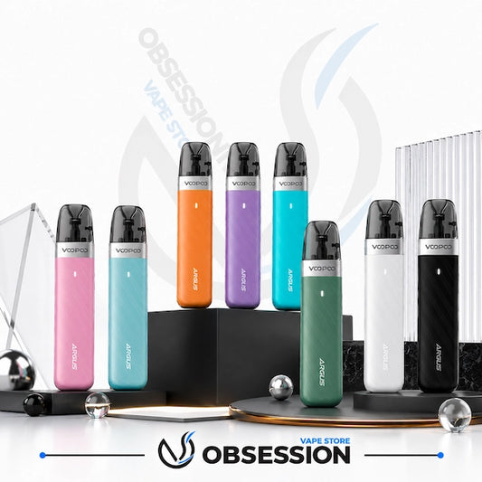 Eight VOOPOO ARGUS vape devices in various colors (pink, light blue, orange, purple, teal, green, white, and black) are displayed on black pedestals against a white background with a VOOPOO logo watermark and an Obsession Vape Store banner at the bottom.