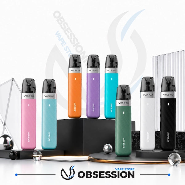 Eight VOOPOO ARGUS vape devices in various colors (pink, light blue, orange, purple, teal, green, white, and black) are displayed on black pedestals against a white background with a VOOPOO logo watermark and an Obsession Vape Store banner at the bottom.
