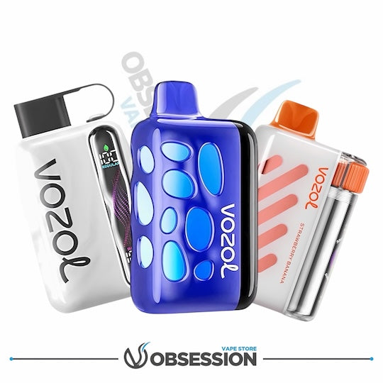 Three Vozol vape devices on a white background with 'Obsession Vape Store' branding.