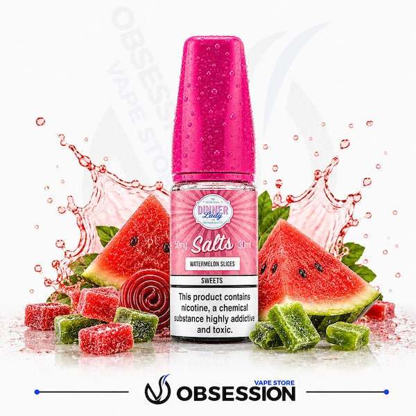 Watermelon Slices Salt 30ml By Dinner Lady.webp shows a Dinner Lady Watermelon Slices Salts vape juice bottle with a vibrant pink cap, surrounded by two fresh triangular watermelon slices, gummy candies in shades of red and green, a red candy roll, and dynamic pink liquid splashes on a white background.