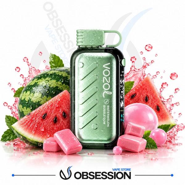 A Vozol Watermelon Bubble Gum disposable vape device in mint green and black, surrounded by watermelon slices, pink bubble gum candies, and water splashes on a white background with 'OBSESSION VAPE STORE' branding at the bottom.