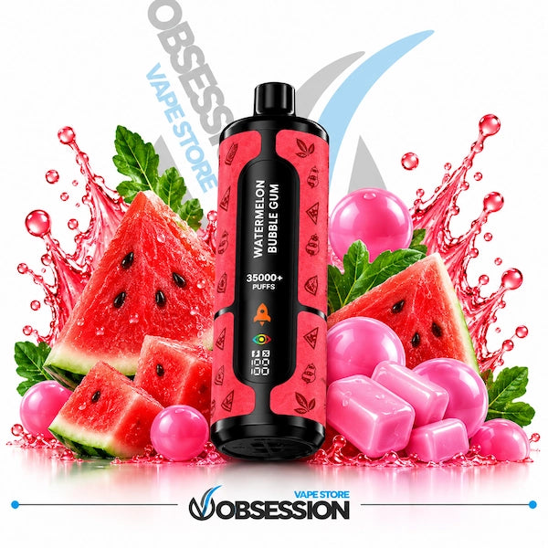 A bottle of Obsession Watermelon Bubble Gum vape liquid centered against a white background, surrounded by watermelon slices, pink bubbles, mint leaves, and pink gummy candies. The bottle has a black body with a red and black label, and the background features a stylized water splash graphic.