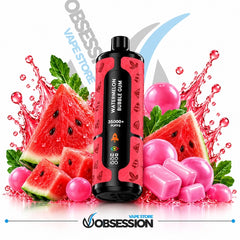 A bottle of Obsession Watermelon Bubble Gum vape liquid centered against a white background, surrounded by watermelon slices, pink bubbles, mint leaves, and pink gummy candies. The bottle has a black body with a red and black label, and the background features a stylized water splash graphic.
