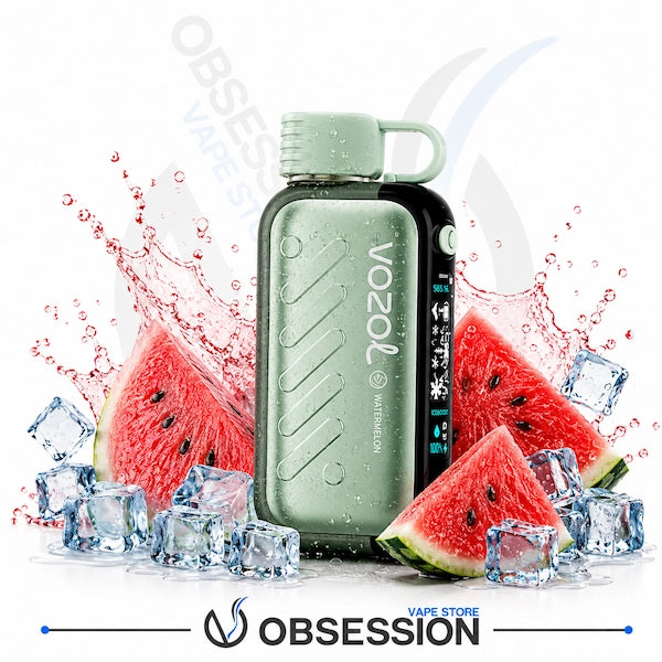 A Vozol Matillion vape device in a mint green color, surrounded by watermelon slices, ice cubes, and water splashes on a white background. The Obsession Vape Store logo is visible at the bottom.