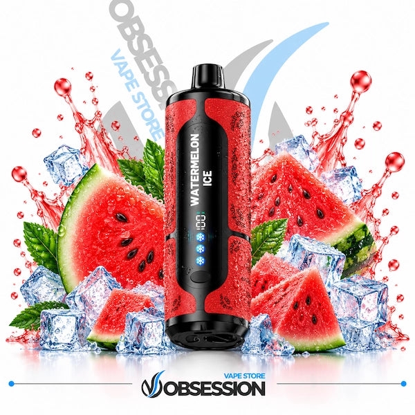 A red and black disposable vape device labeled 'Watermelon Ice' is centered against a white background, surrounded by watermelon slices, ice cubes, and red liquid splashes. The Obsession Vape Store logo appears at the bottom.