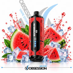 A red and black disposable vape device labeled 'Watermelon Ice' is centered against a white background, surrounded by watermelon slices, ice cubes, and red liquid splashes. The Obsession Vape Store logo appears at the bottom.