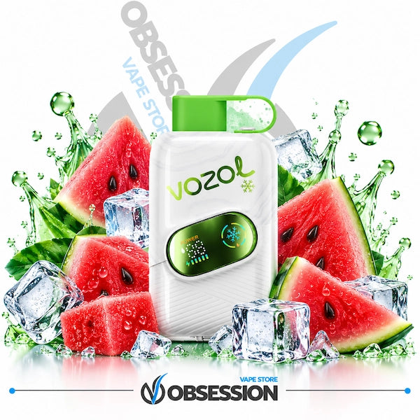 A white Vozol disposable vape device with a green mouthpiece and a green watermelon graphic on the front, surrounded by watermelon slices, ice cubes, and green splashes on a white background. Obsession Vaap Store branding is visible at the bottom.
