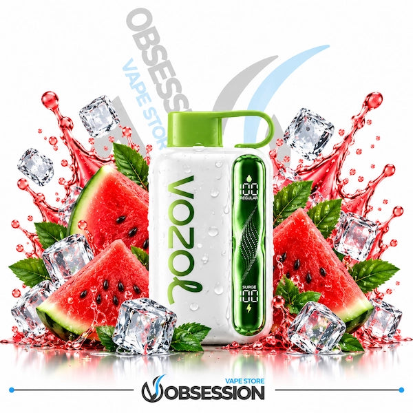 A white insulated bottle with a bright green cap and handle, shown with a matching green product panel on the front. The bottle is surrounded by watermelon slices, ice cubes, and red splash graphics on a white background, with Obsession branding visible.