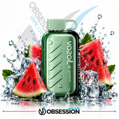A green Vozol Watermelon vape device surrounded by fresh watermelon slices, ice cubes, and water splashes on a white background, with Obsession and Vozol branding visible.