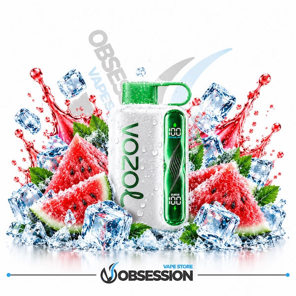 A VOOZOL disposable vape device in white and green, surrounded by ice cubes, water splashes, and slices of watermelon on a white background, with the Obsession brand logo at the bottom.