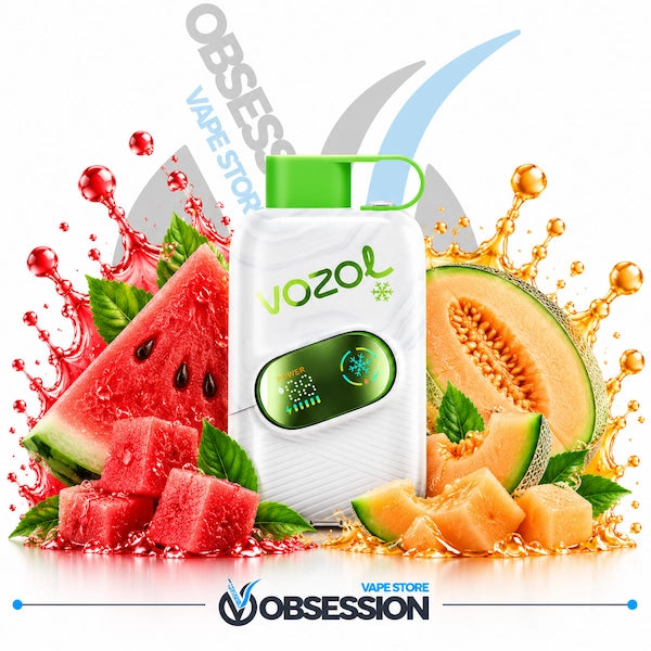 A white Vozol vape device with a green mouthpiece and green logo, surrounded by watermelon slices, cantaloupe, and orange juice splashes on a white background, with Obsession and Vozol branding visible.