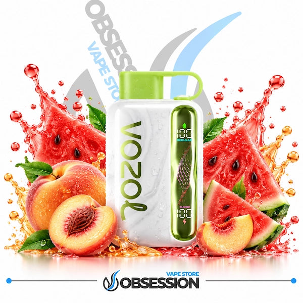A white Vozol vape device with a bright green mouthpiece and side panel, surrounded by fresh watermelon slices, peach halves, and orange juice splashes on a white background. The Obsession Vape Store logo is visible at the bottom.