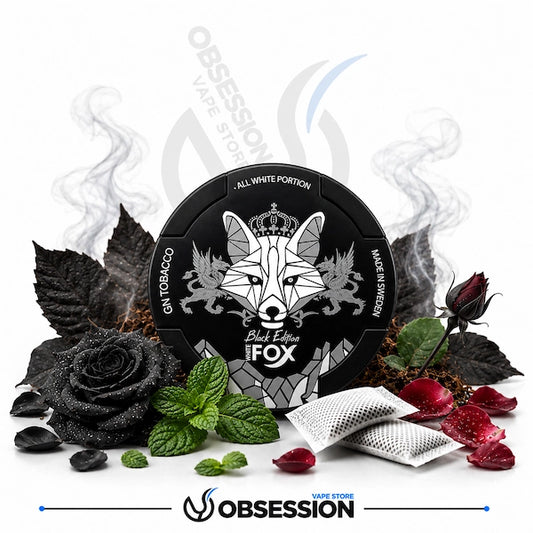 Vaping product packaging with fox design and smoking elements on a white background