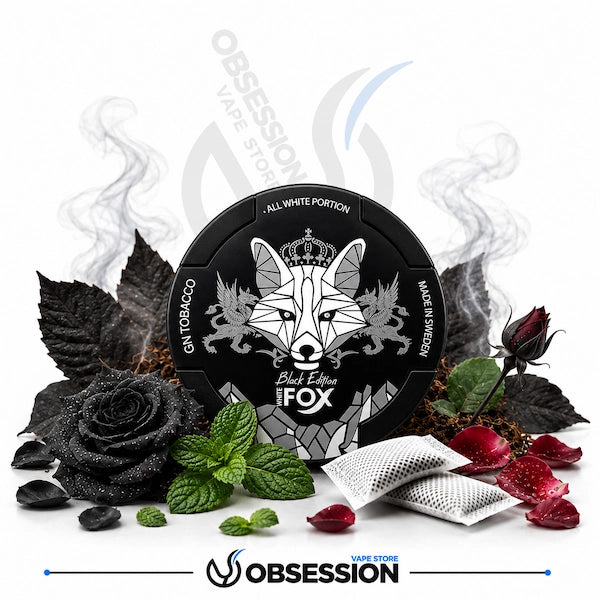Vaping product packaging with fox design and smoking elements on a white background