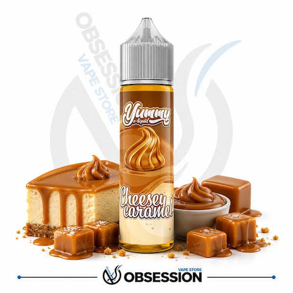 Yummy Vapors Cheese Caramel vape juice bottle with caramel-themed elements on a white background